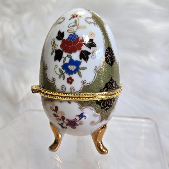 Porcelain Egg Shaped Trinket Box Floral Design Green Scroll 4"T - Picture 3 of 9